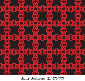 Seamless pattern of tribal ethnic abstract polygonal shapes. Carved ornaments arranged in a grid pattern of lines. A red geometric background with a black background is suitable for fabric motifs.