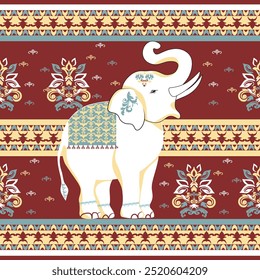 Seamless Pattern Tribal Ethnic Elephant pattern,Thai elephant, paisley and hamsa. Ethnic indian elephant background Hand drawn illustration. Wallpaper, cloth design, fabric, tissue, carpet