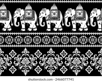 Seamless Pattern Tribal Ethnic Indian Elephant Pattern, Thai Elefant, Paisley und Hamas. Ethnischer indischer Elefant Hintergrund Handgezeichnete Illustration. Bildschirmhintergrund, Stoffdesign, Stoff, Tissue, Teppich