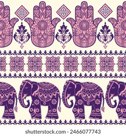 Seamless Pattern Tribal Ethnic indian Elephant pattern,Thai elephant, paisley and hamsa. Ethnic indian elephant background Hand drawn illustration. Wallpaper, cloth design, fabric, tissue, carpet