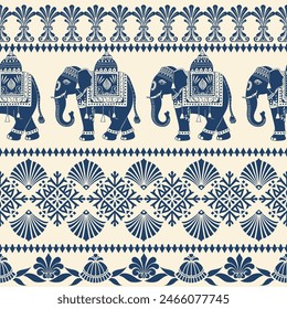 Seamless Pattern Tribal Ethnic Indian Elephant Pattern, Thai Elefant, Paisley und Hamas. Ethnischer indischer Elefant Hintergrund Handgezeichnete Illustration. Bildschirmhintergrund, Stoffdesign, Stoff, Tissue, Teppich