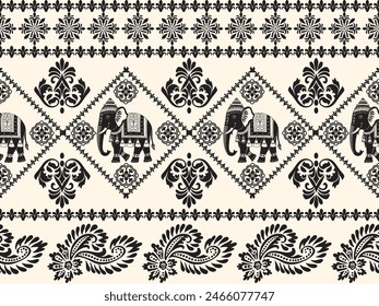 Seamless Pattern Tribal Ethnic indian Elephant pattern,Thai elephant, paisley and hamsa. Ethnic indian elephant background Hand drawn illustration. Wallpaper, cloth design, fabric, tissue, carpet