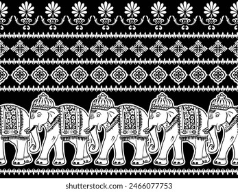 Seamless Pattern Tribal Ethnic indian Elephant pattern,Thai elephant, paisley and hamsa. Ethnic indian elephant background Hand drawn illustration. Wallpaper, cloth design, fabric, tissue, carpet