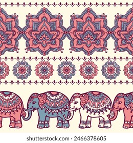 Seamless Pattern Tribal Ethnic indian Elephant pattern,Thai elephant, paisley and hamsa. Ethnic indian elephant background Hand drawn illustration. Wallpaper, cloth design, fabric, tissue, carpet