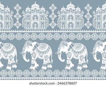 Seamless Pattern Tribal Ethnic indian Elephant pattern,Thai elephant, paisley and hamsa. Ethnic indian elephant background Hand drawn illustration. Wallpaper, cloth design, fabric, tissue, carpet