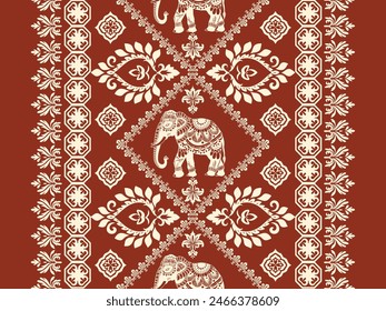 Seamless Pattern Tribal Ethnic indian Elephant pattern,Thai elephant, paisley and hamsa. Ethnic indian elephant background Hand drawn illustration. Wallpaper, cloth design, fabric, tissue, carpet