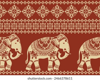 Seamless Pattern Tribal Ethnic indian Elephant pattern,Thai elephant, paisley and hamsa. Ethnic indian elephant background Hand drawn illustration. Wallpaper, cloth design, fabric, tissue, carpet