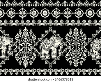 Seamless Pattern Tribal Ethnic indian Elephant pattern,Thai elephant, paisley and hamsa. Ethnic indian elephant background Hand drawn illustration. Wallpaper, cloth design, fabric, tissue, carpet