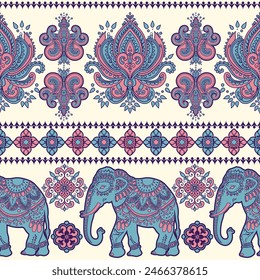 Seamless Pattern Tribal Ethnic indian Elephant pattern,Thai elephant, paisley and hamsa. Ethnic indian elephant background Hand drawn illustration. Wallpaper, cloth design, fabric, tissue, carpet