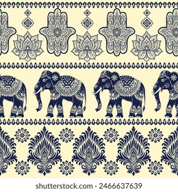 Seamless Pattern Tribal Ethnic indian Elephant pattern,Thai elephant, paisley and hamsa. Ethnic indian elephant background Hand drawn illustration. Wallpaper, cloth design, fabric, tissue, carpet