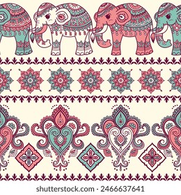 Seamless Pattern Tribal Ethnic indian Elephant pattern,Thai elephant, paisley and hamsa. Ethnic indian elephant background Hand drawn illustration. Wallpaper, cloth design, fabric, tissue, carpet