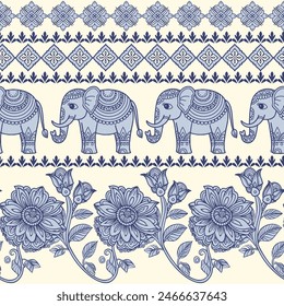 Seamless Pattern Tribal Ethnic indian Elephant pattern,Thai elephant, paisley and hamsa. Ethnic indian elephant background Hand drawn illustration. Wallpaper, cloth design, fabric, tissue, carpet