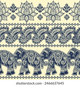 Seamless Pattern Tribal Ethnic indian Elephant pattern,Thai elephant, paisley and hamsa. Ethnic indian elephant background Hand drawn illustration. Wallpaper, cloth design, fabric, tissue, carpet