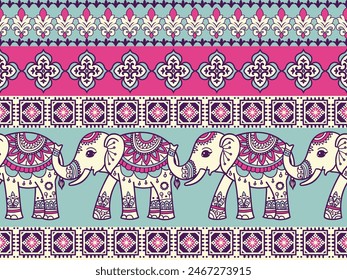 Seamless Pattern Tribal Ethnic indian Elephant pattern,Thai elephant, paisley and hamsa. Ethnic indian elephant background Hand drawn illustration. Wallpaper, cloth design, fabric, tissue, carpet