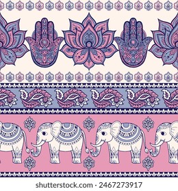 Seamless Pattern Tribal Ethnic indian Elephant pattern,Thai elephant, paisley and hamsa. Ethnic indian elephant background Hand drawn illustration. Wallpaper, cloth design, fabric, tissue, carpet