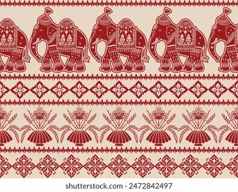 Seamless Pattern Tribal Ethnic Indian Elephant Pattern, Thai Elefant, Paisley und Hamas. Ethnischer indischer Elefant Hintergrund Handgezeichnete Illustration. Bildschirmhintergrund, Stoffdesign, Stoff, Tissue, Teppich