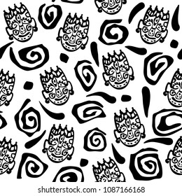 Seamless pattern with tribal ethnic mask design. Mexican, indian, mayan mask. Black and white