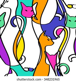 Seamless pattern of tribal geometric colorful African cats. Abstract background.