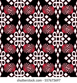  Seamless pattern with tribal geometric ornament in Aztec style.Ornamental ethnic vintage  background with rhombus and abstract flowers.Can be used for fabric prints,  cloth design, wrapping,wallpaper