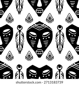 Seamless pattern with tribal mask and feathers. Black and white vector illustration.