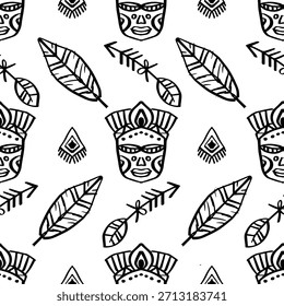Seamless pattern with tribal mask and feathers. Black and white vector illustration.
