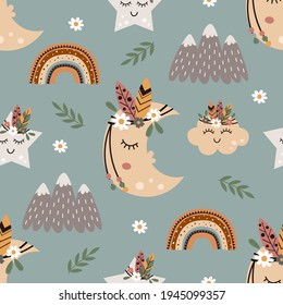 seamless pattern with tribal moon and star