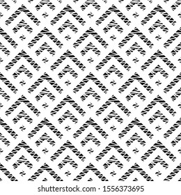 Seamless pattern. Tribal motif. Distressed chevrons, checks ornament. Angle brackets, diamonds background. Ethnic mosaic. Curves, squares backdrop. Digital paper, textile print. Folk wallpaper. Vector