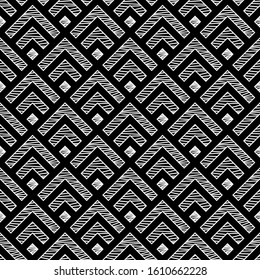 Seamless pattern. Tribal motif. Distressed chevrons, checks ornament.Curves, squares backdrop. Folk wallpaper. Angle brackets, diamonds background. Ethnic mosaic. Digital paper, textile print. Vector.
