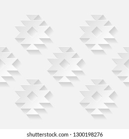 Seamless pattern. Tribal ornament. White geometric 3D shapes on white background. Can be used for wallpaper, textile, invitation card, wrapping, web page background.