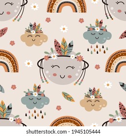seamless pattern with tribal planet, rainbow and cloud