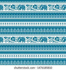 Seamless pattern with tribal style elephants and flowers. Thai, Indian, African symbol. Blue and white colors. Swatches included in vector file. 