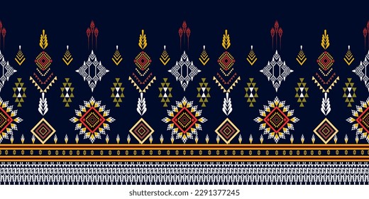 Patrón inmaculado al estilo tribal. bordado popular y estilo mexicano sobre fondo negro, huella geométrica azteca para alfombras, papel tapiz, ropa, chales, telas, textiles.