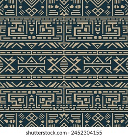 Seamless pattern of tribal symbols, their forms composed of geometric shapes and lines in earthy tones