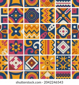 Seamless pattern of tribal tiles. Square tribal ornaments pattern. Abstract rectangle ornaments. Decorative colorful patterns Tribal ethnic motifs.