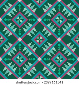 Seamless Pattern Tribal. Traditional Ethnic Ornament, green blue red colorful. Triangle, square, line. Design for fabric, cloth, carpet, rug, pareo, wrap. Vector. 