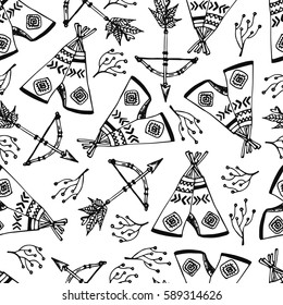 Seamless pattern with tribal  wigwam, arrows, natural elements. Hand drawn vector illustration. Indian tribal background for prints, textile, T-shirt.