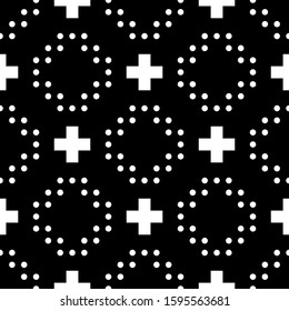 Seamless pattern. Tribe motif. Ancient mosaic. Crosses, circles ornament. Ethnic embroidery background. Tribal wallpaper. Ethnical folk image. Digital paper for web design, textile print. Vector art.