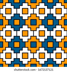 Nahtloses Muster. Stammesmotiv. Altes Mosaik. Inka-Kreuze, Quadrate-Ornament. Ethnischer Hintergrund. Tribale Tapete. Folk-Bild. Digitales Papier, Webdesign, ethnischer Stoffdruck. Vektorillustration