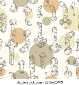 Seamless pattern with tricholoma matsutake: piece of matsutake, tricholoma matsutake mushrooms. Vector hand drawn mushroom illustrations