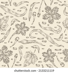 Seamless pattern with trichosanthes japonica: leaves, flower, plan and trichosanthes japonica root. Trichosanthes kirilowii. Cosmetic, perfumery and medical plant. Vector hand drawn illustration.