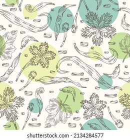 Seamless pattern with trichosanthes japonica: leaves, flower, plan and trichosanthes japonica root. Trichosanthes kirilowii. Cosmetic, perfumery and medical plant. Vector hand drawn illustration.