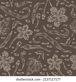 Seamless pattern with trichosanthes japonica: leaves, flower, plan and trichosanthes japonica root. Trichosanthes kirilowii. Cosmetic, perfumery and medical plant. Vector hand drawn illustration.