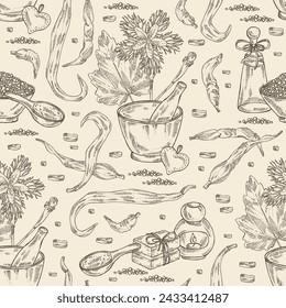 Seamless pattern with trichosanthes japonica: leaves, flower, plan and trichosanthes japonica root. Trichosanthes kirilowii. Oil, soap and bath salt. Cosmetics and medical plant. Vector hand