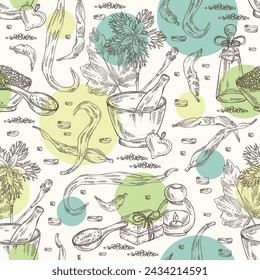 Seamless pattern with trichosanthes japonica: leaves, flower, plan and trichosanthes japonica root. Trichosanthes kirilowii. Oil, soap and bath salt. Cosmetics and medical plant. Vector hand