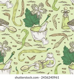 Seamless pattern with trichosanthes japonica: leaves, flower, plan and trichosanthes japonica root. Trichosanthes kirilowii. Oil, soap and bath salt. Cosmetics and medical plant. Vector hand