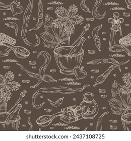 Seamless pattern with trichosanthes japonica: leaves, flower, plan and trichosanthes japonica root. Trichosanthes kirilowii. Oil, soap and bath salt. Cosmetics and medical plant. Vector hand