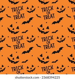 Seamless Pattern of Trick or Treat, Black Bats, Pumpkin ghost on Orange Background. Vector Illustration. Halloween Background