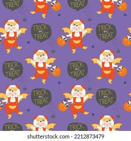 Seamless pattern of trick or treat Halloween Pug carrying pumpkin basket with bones. Purple background with black stars. Dog wearing bat costume ready for 31st October Party. Repeatable motifs vector.