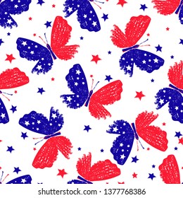 Seamless pattern with tricolor red-blue-white grunge butterflies and stars on a transparent background. Vector image. Eps 8