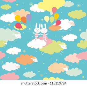 Seamless pattern "Trip in the sunny sky with sleepy lambs"